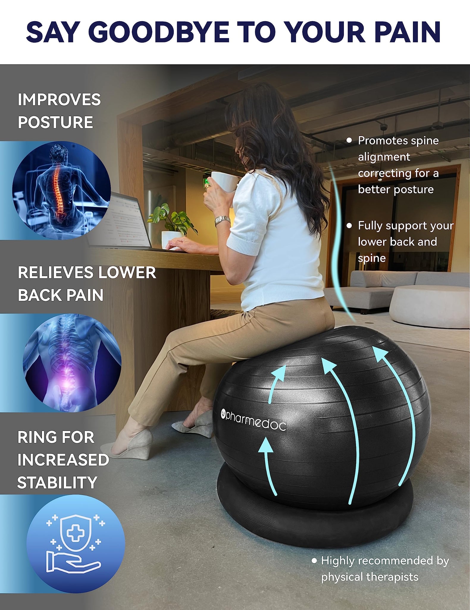 PharMeDoc Exercise Ball Chair with Back Support for Home and Office  w/Exercise Yoga Balance Ball