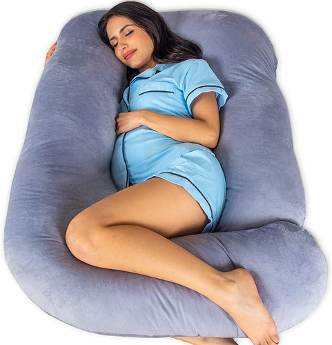 Pharmedoc Pregnancy Pillow, U-Shape Cooling Cover - Dark Grey with Detachable Side - Support for Back, Hips, Legs, Belly for Pregnant Women, Blue